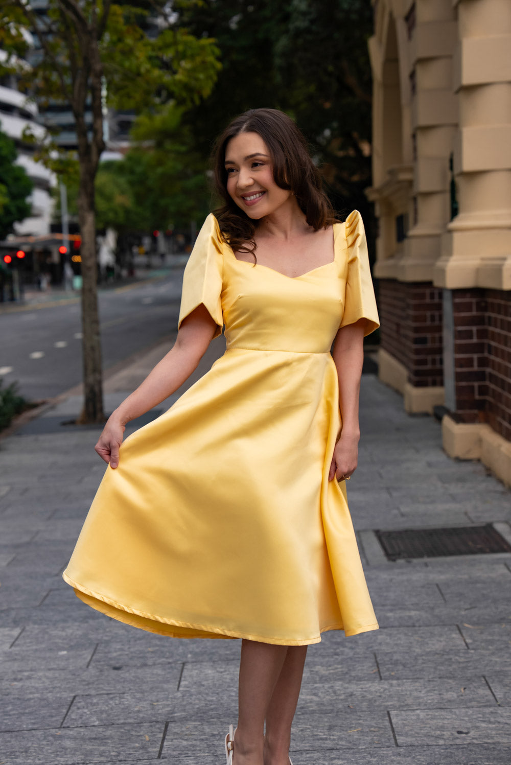 'Love' Midi Filipiniana Dress, Duchess Satin (Butter Yellow)