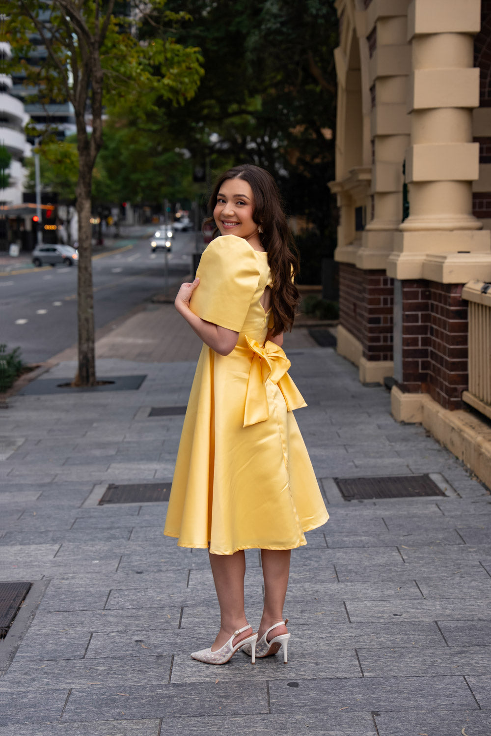 'Love' Midi Filipiniana Dress, Duchess Satin (Butter Yellow)