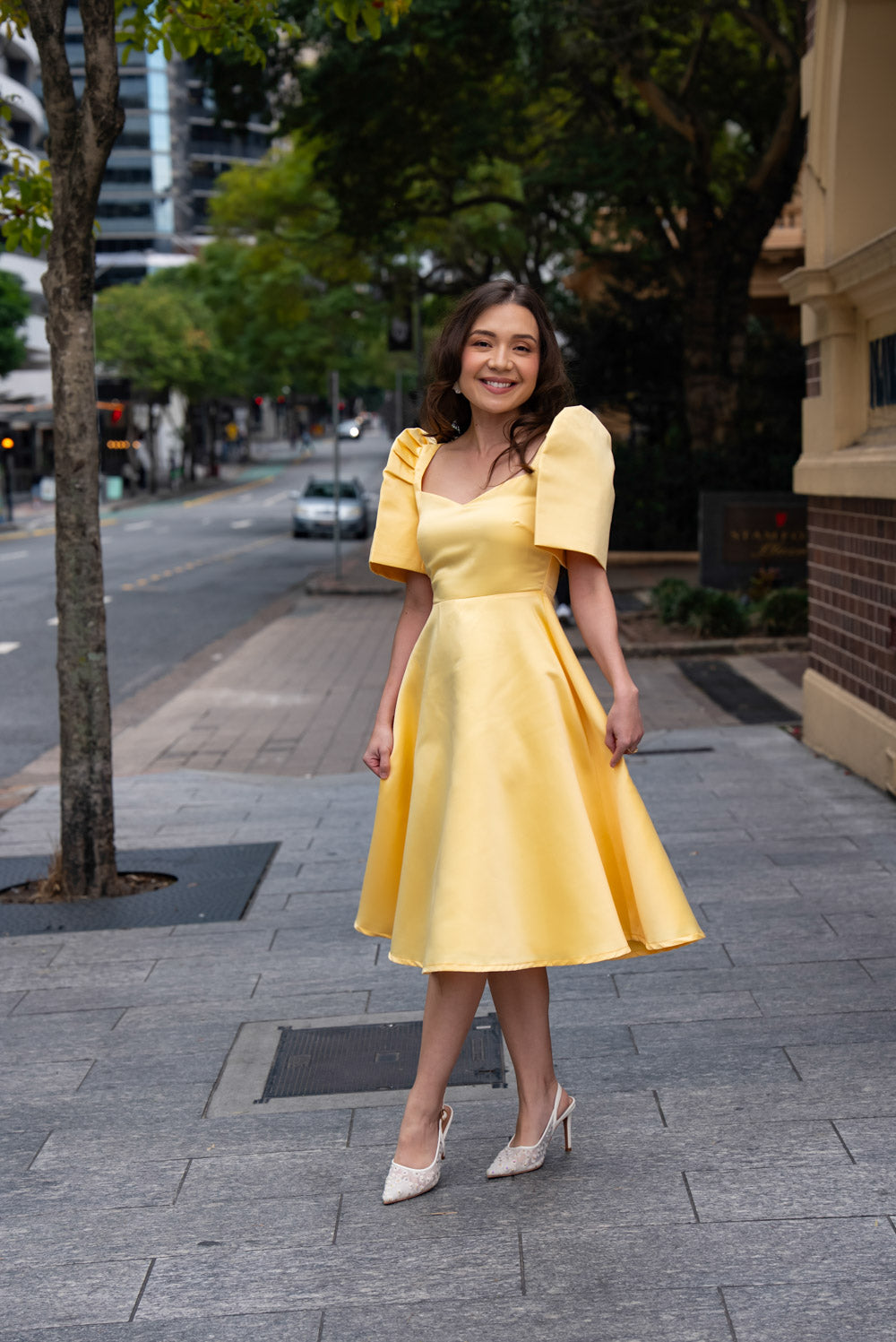 'Love' Midi Filipiniana Dress, Duchess Satin (Butter Yellow)