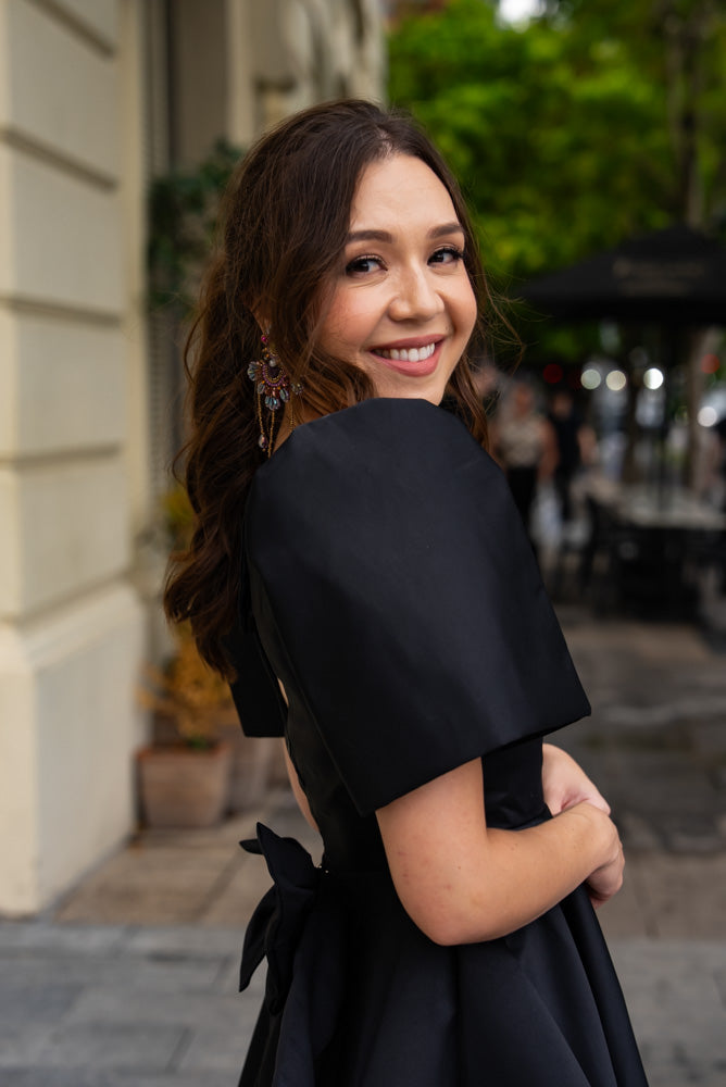 [PRE-ORDER] 'Love' Mini Filipiniana Dress, Duchess Satin (Black)