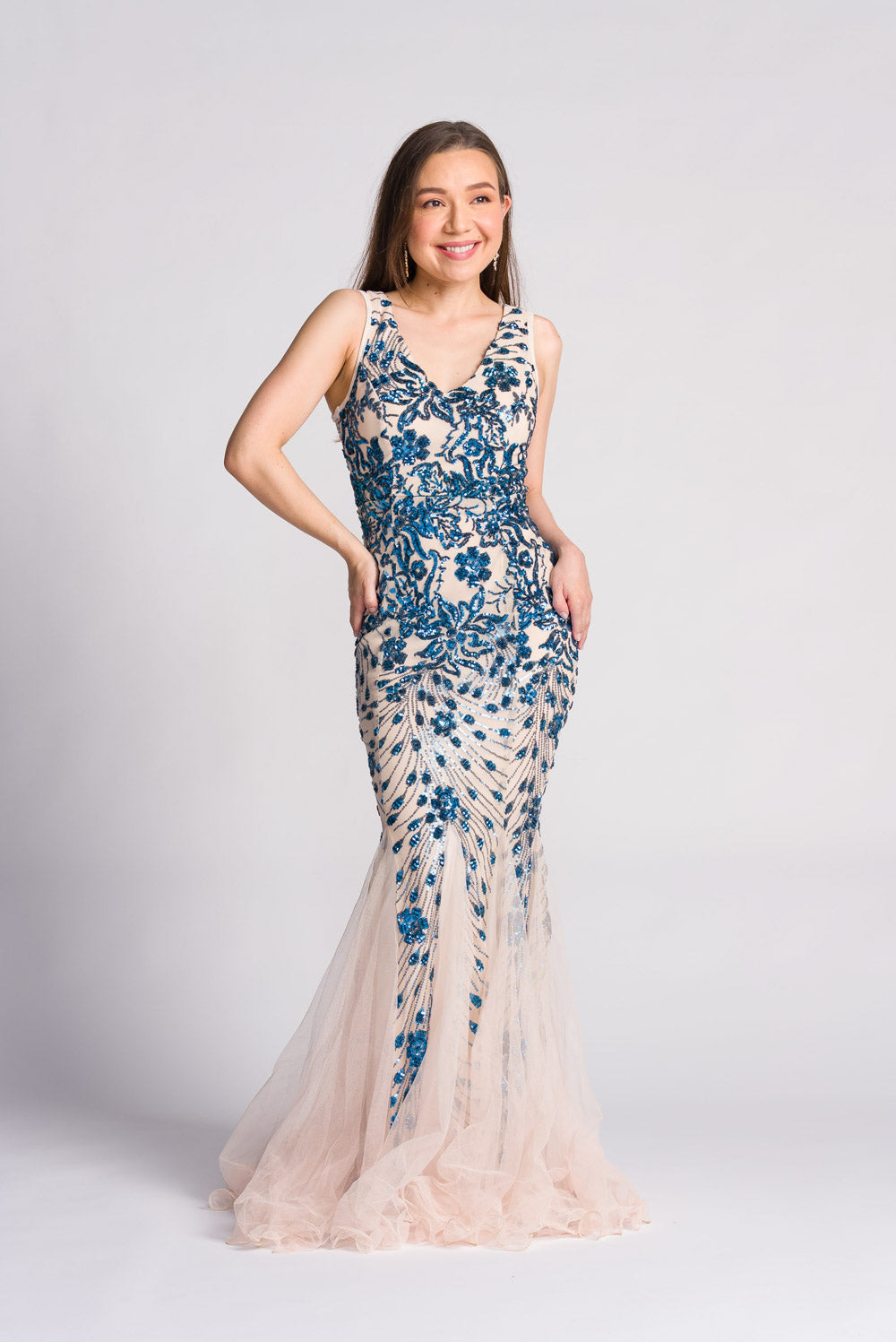'Estella' Sequin Mermaid Prom & Formal Gown (Cream & Royal Blue)
