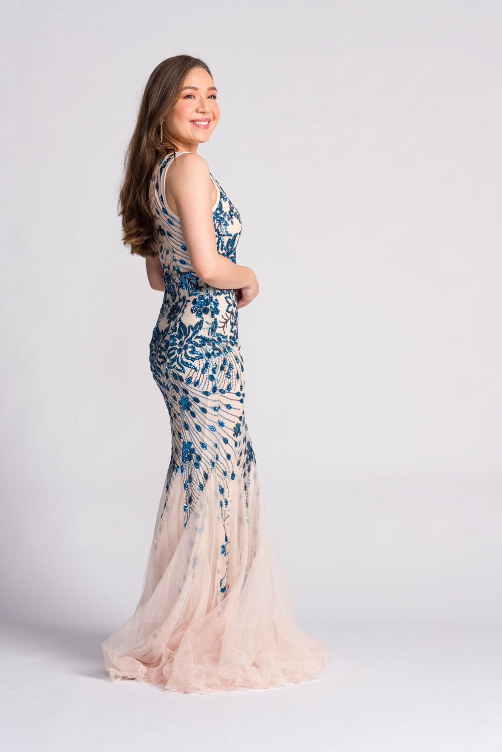 'Estella' Sequin Mermaid Prom & Formal Gown (Cream & Royal Blue)