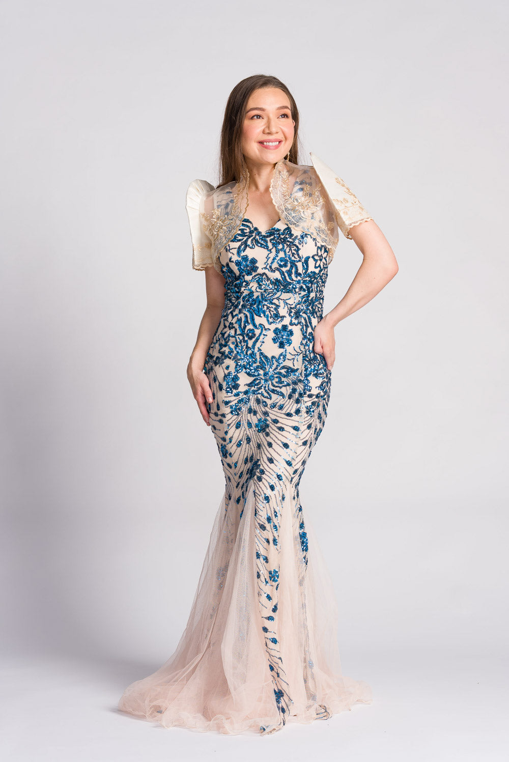 'Estella' Sequin Mermaid Prom & Formal Gown (Cream & Royal Blue)
