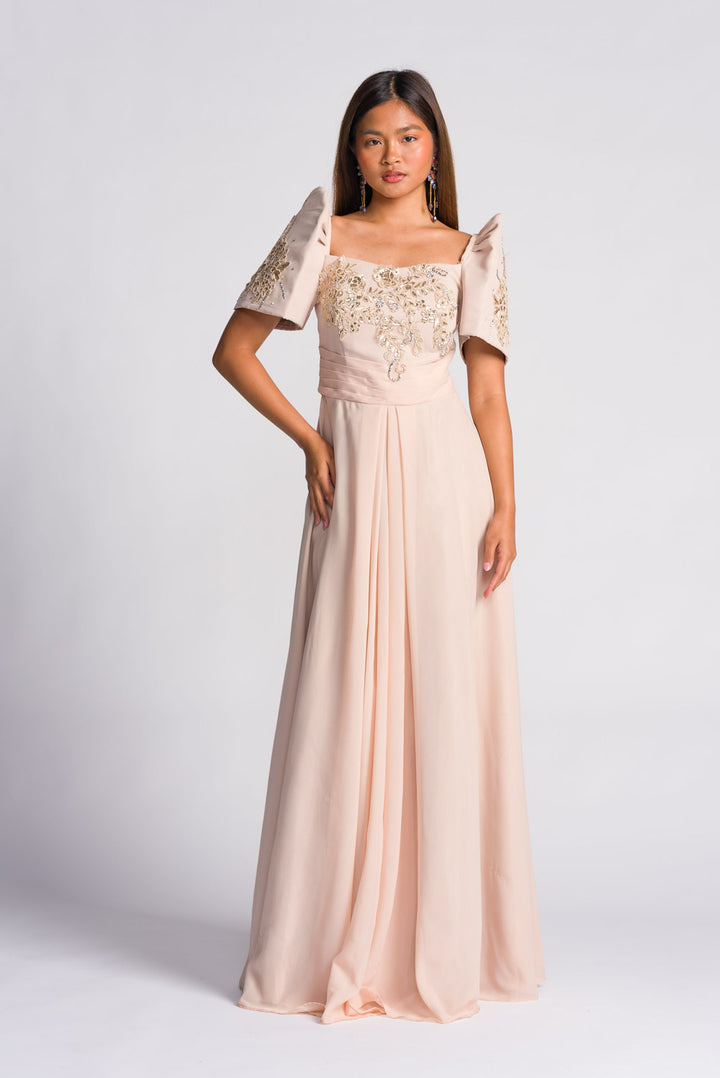 'Daphne' Embellished Chiffon Modern Filipiniana Gown (Cream Beige)