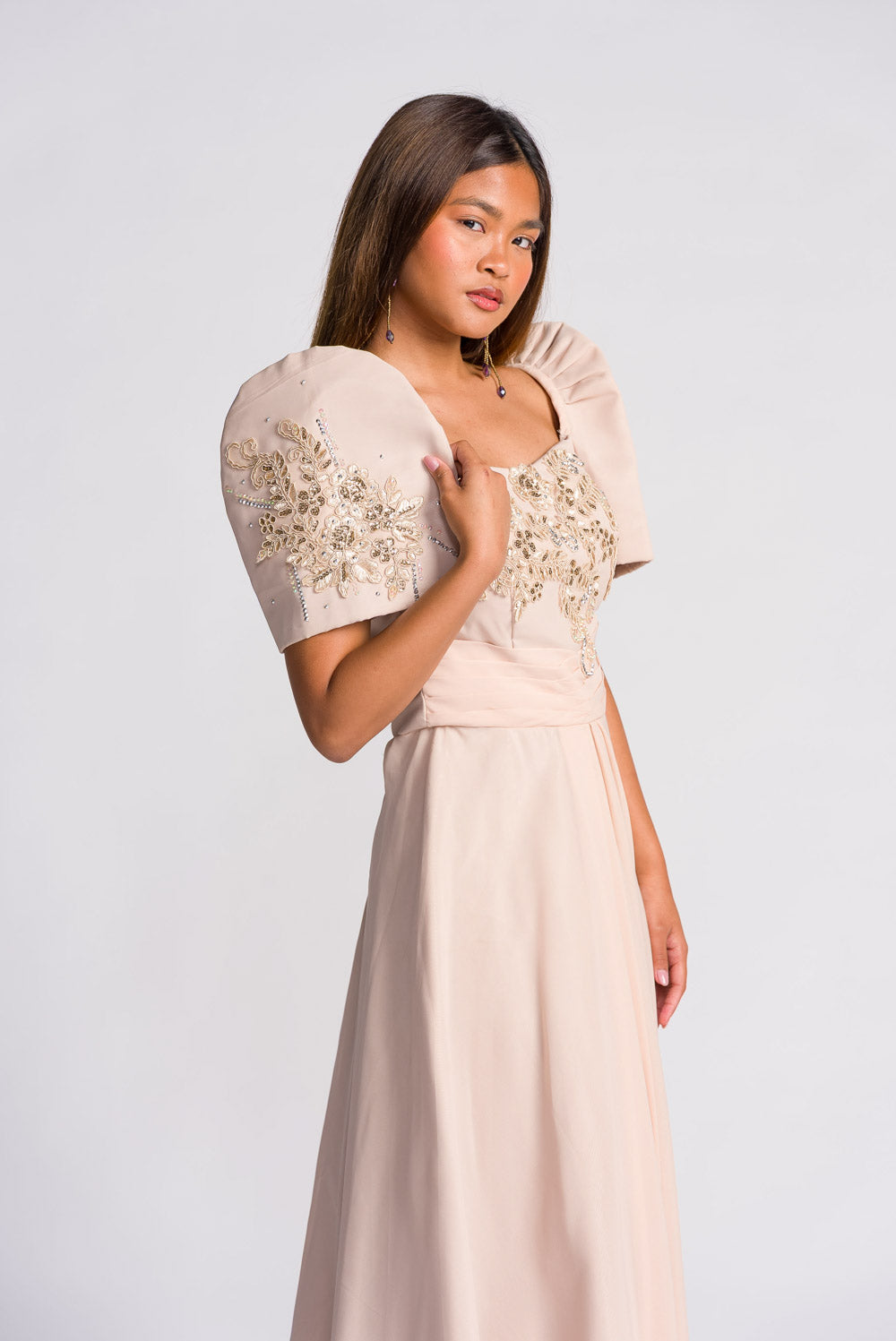 Daphne' Embellished Chiffon Modern Filipiniana Gown (Cream Beige) Mestiza Filipina Daphne' Embellished Chiffon Modern Filipiniana Gown (Cream Beige) Mestiza Filipina