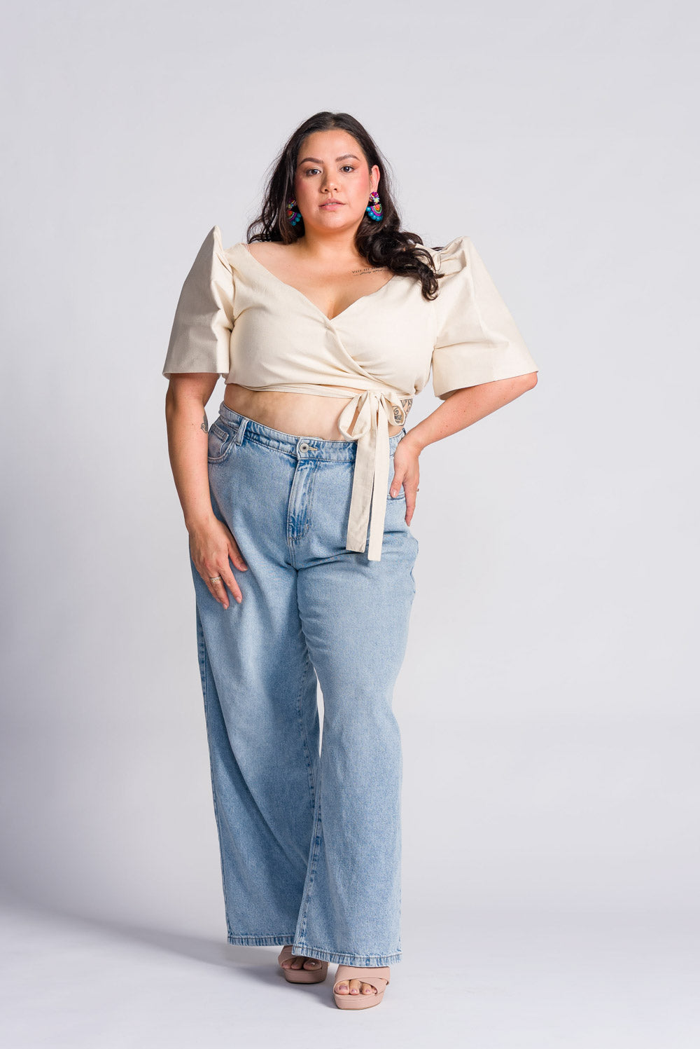 'Cora' Modern Filipiniana Wrap Top (Oat)