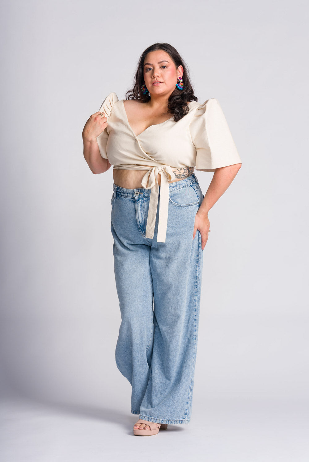 'Cora' Modern Filipiniana Wrap Top (Oat)