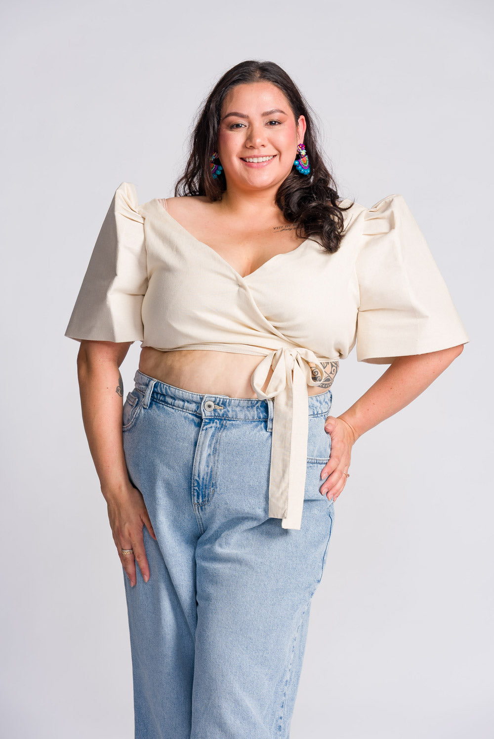 'Cora' Modern Filipiniana Wrap Top (Oat)