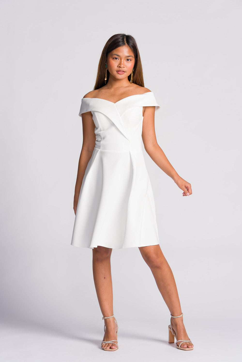 'Clara' Off-Shoulder Semi-Formal & Bridal Dress (Ivory White)