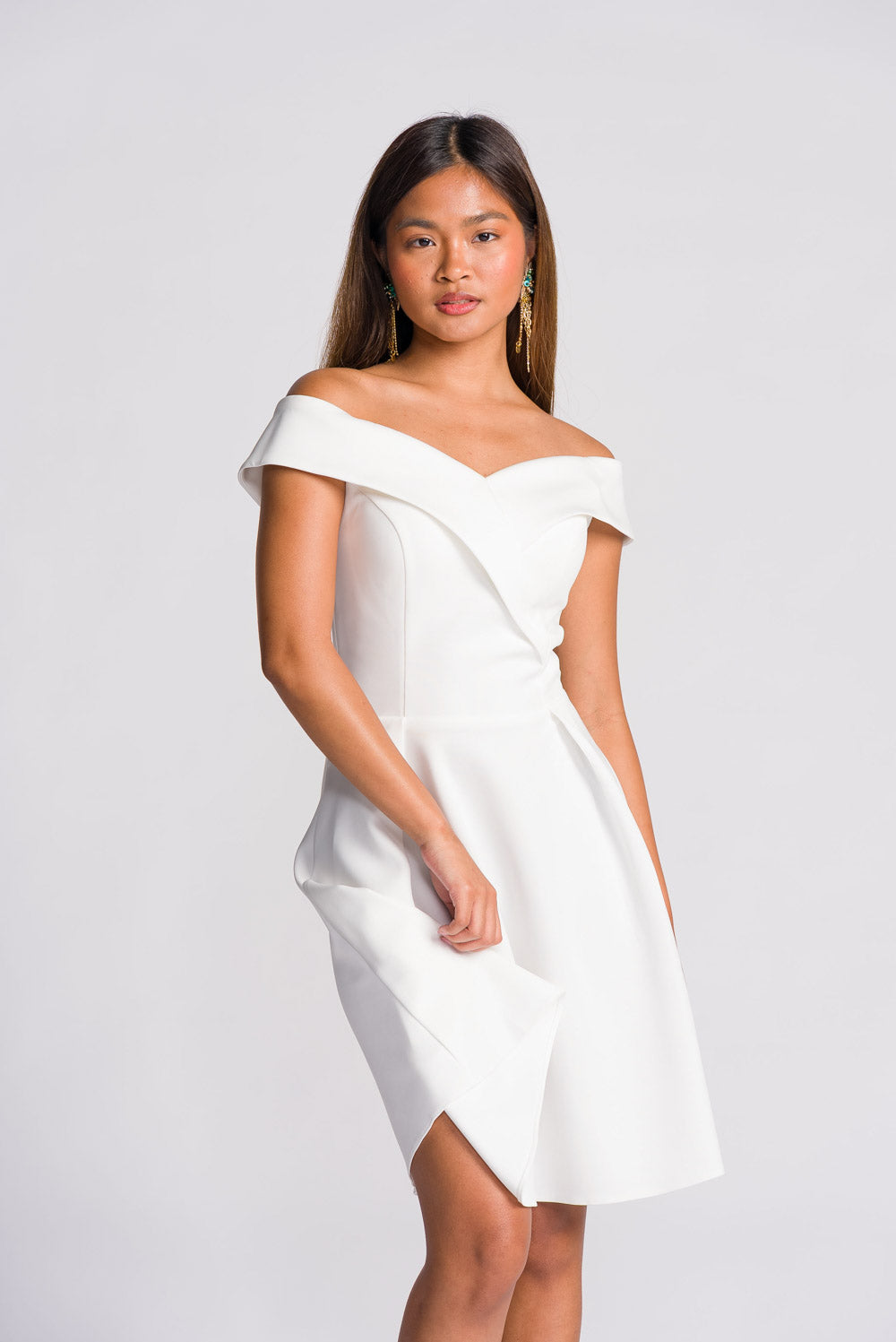 'Clara' Off-Shoulder Semi-Formal & Bridal Dress (Ivory White)