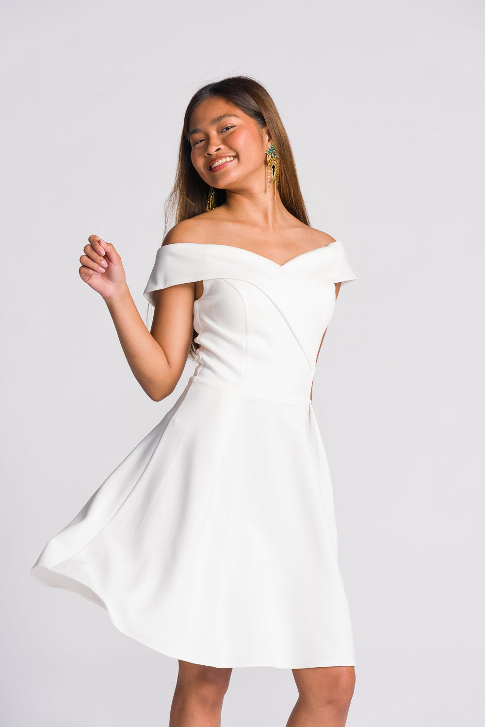 'Clara' Off-Shoulder Semi-Formal & Bridal Dress (Ivory White)
