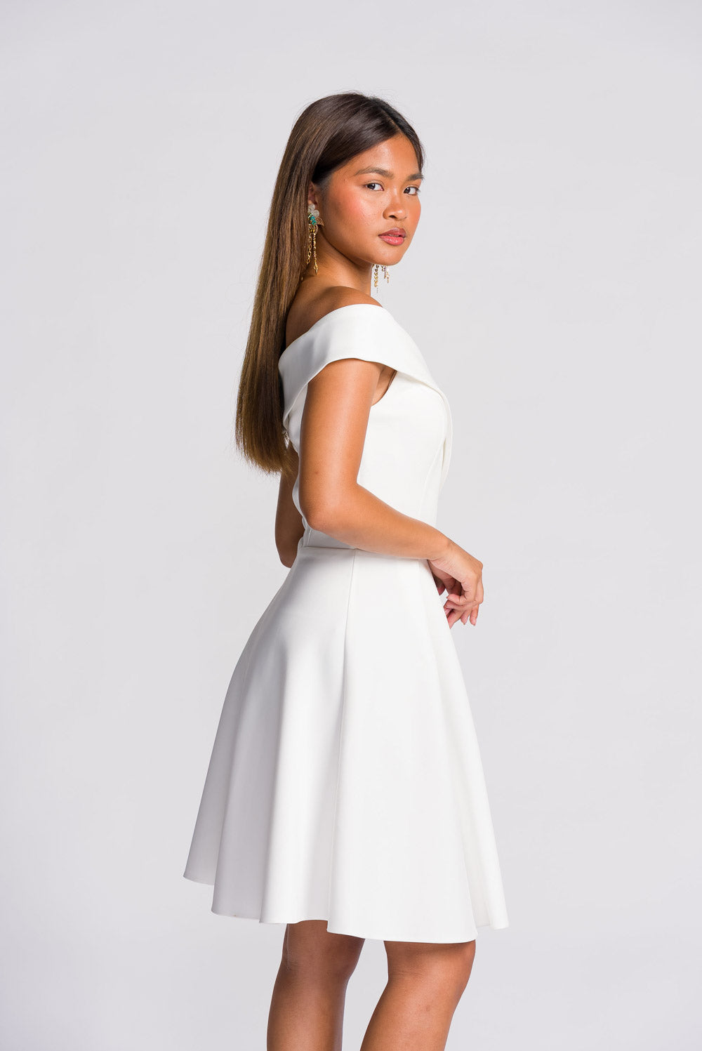 'Clara' Off-Shoulder Semi-Formal & Bridal Dress (Ivory White)