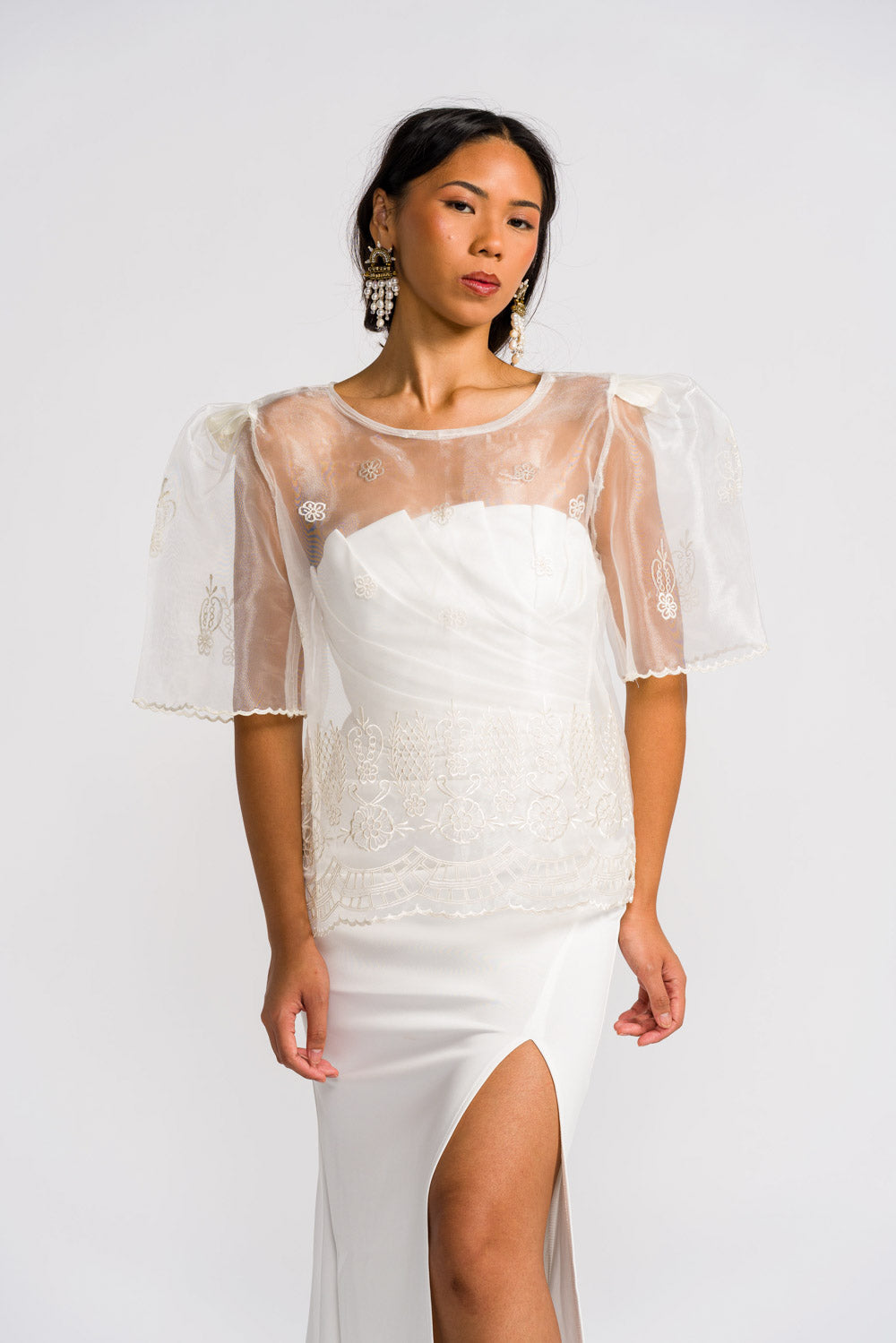 'Yen' Bell-Sleeve Women's Barong Tagalog – Ivory White, Organza