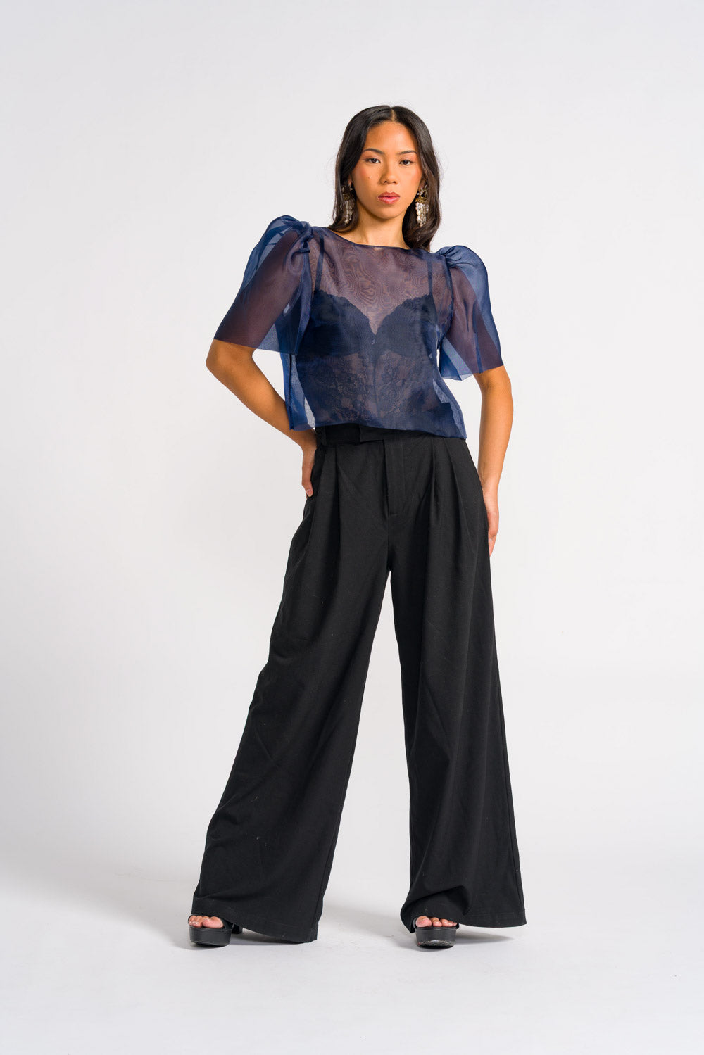 'Dahlia' Ribbon Tie-Up Modern Filipiniana Blouse (Navy Blue)