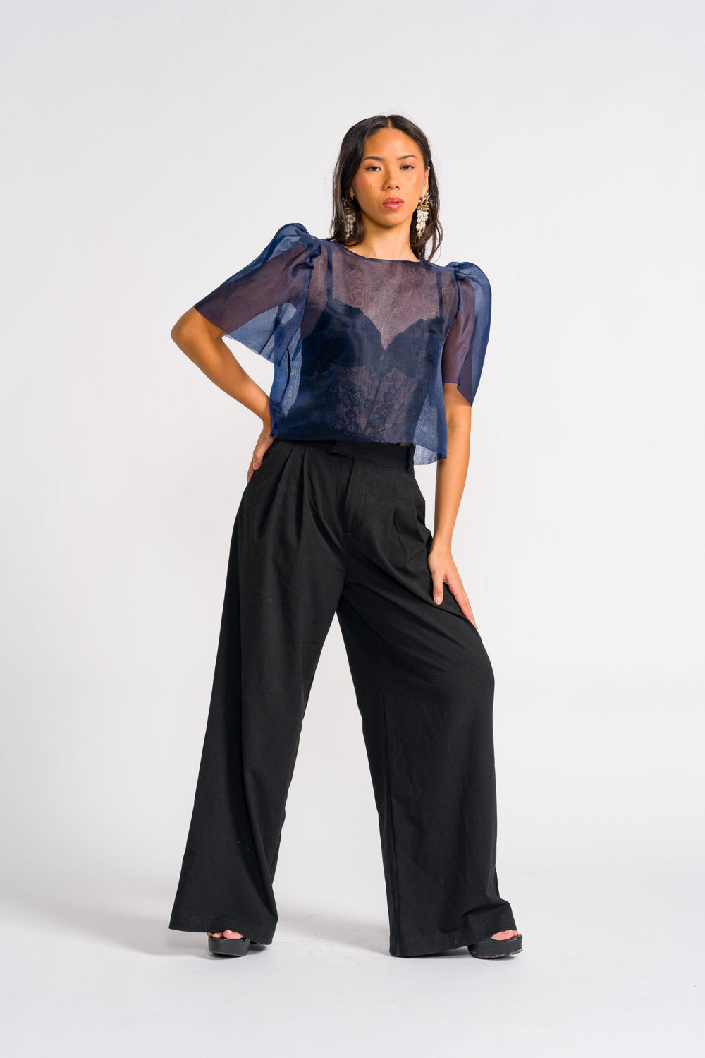 'Dahlia' Ribbon Tie-Up Modern Filipiniana Blouse (Navy Blue)