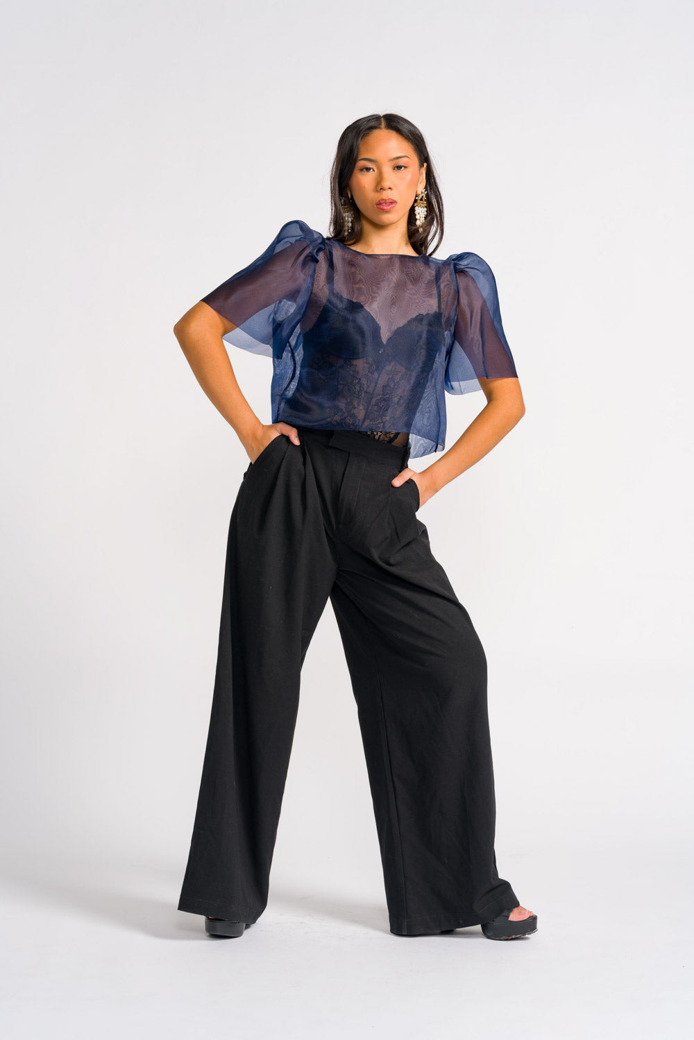 'Dahlia' Ribbon Tie-Up Modern Filipiniana Blouse (Navy Blue)