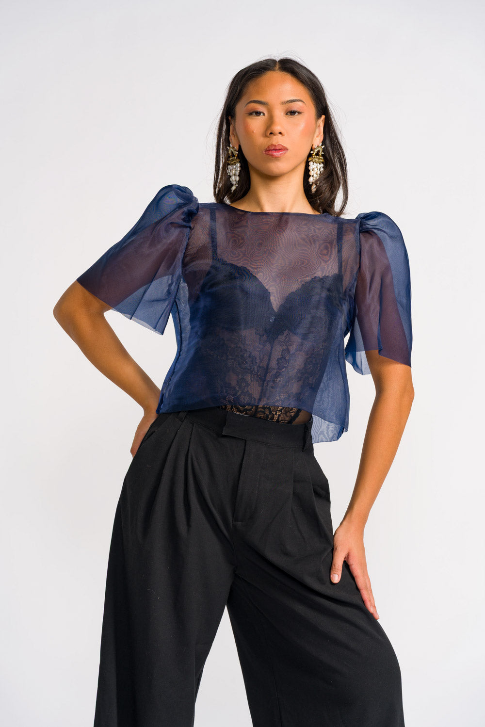'Dahlia' Ribbon Tie-Up Modern Filipiniana Blouse (Navy Blue)