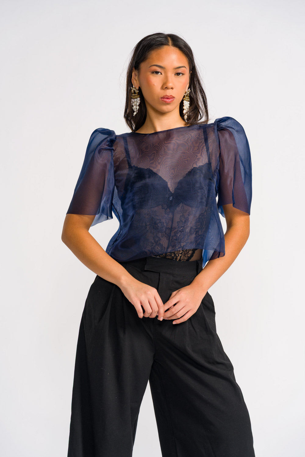 'Dahlia' Ribbon Tie-Up Modern Filipiniana Blouse (Navy Blue)