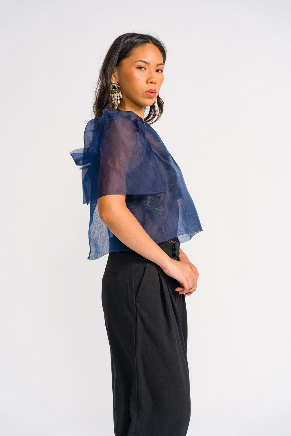 'Dahlia' Ribbon Tie-Up Modern Filipiniana Blouse (Navy Blue)