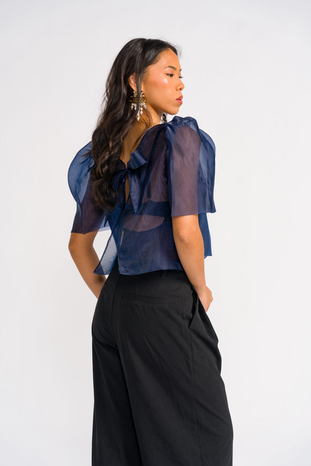 'Dahlia' Ribbon Tie-Up Modern Filipiniana Blouse (Navy Blue)