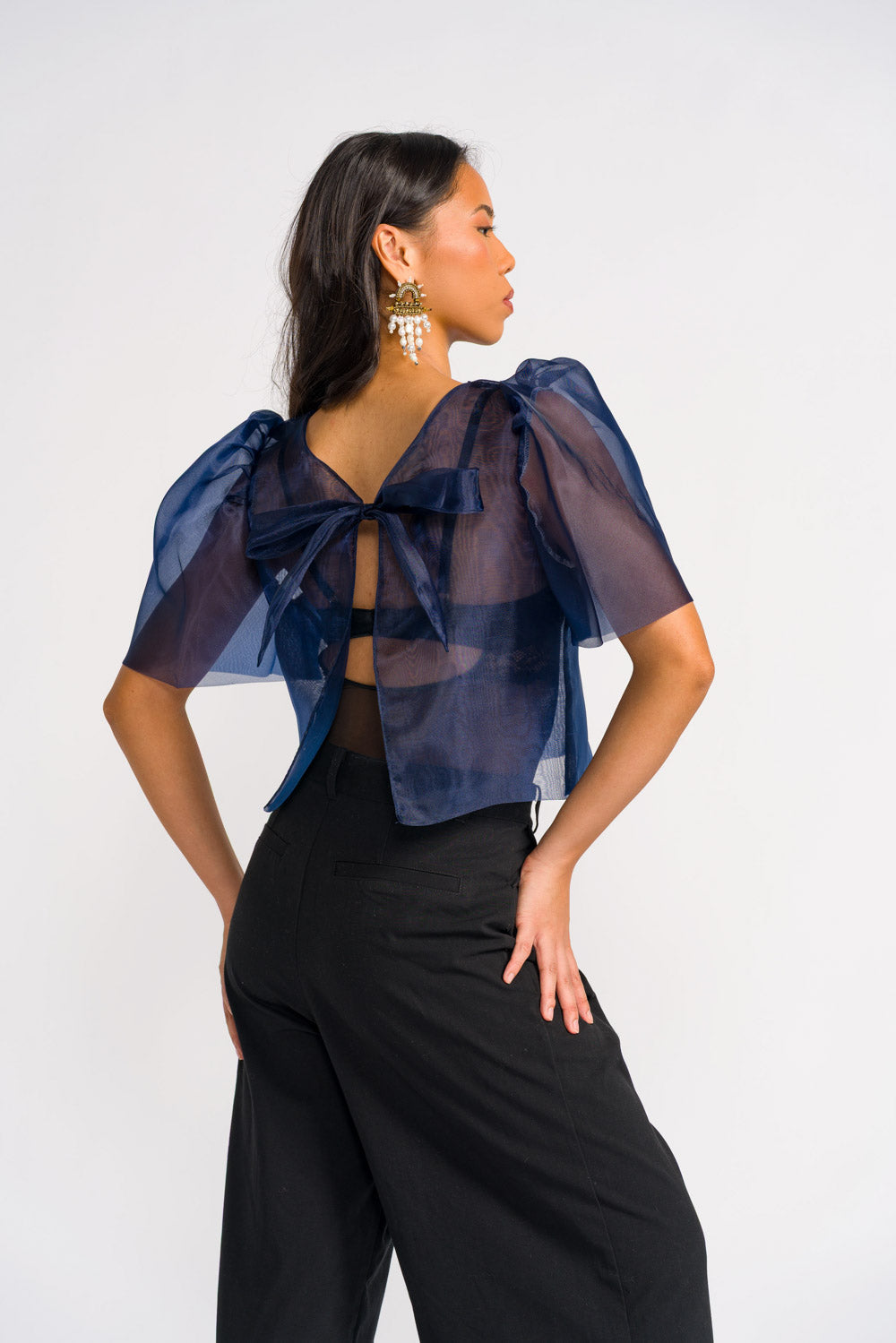 'Dahlia' Ribbon Tie-Up Modern Filipiniana Blouse (Navy Blue)