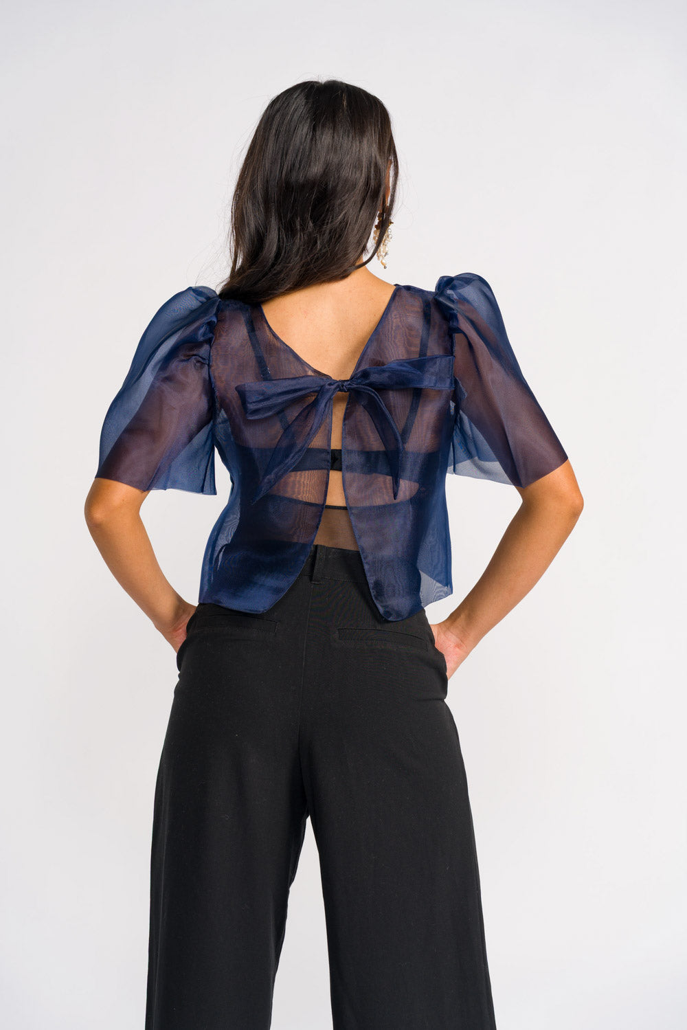 'Dahlia' Ribbon Tie-Up Modern Filipiniana Blouse (Navy Blue)