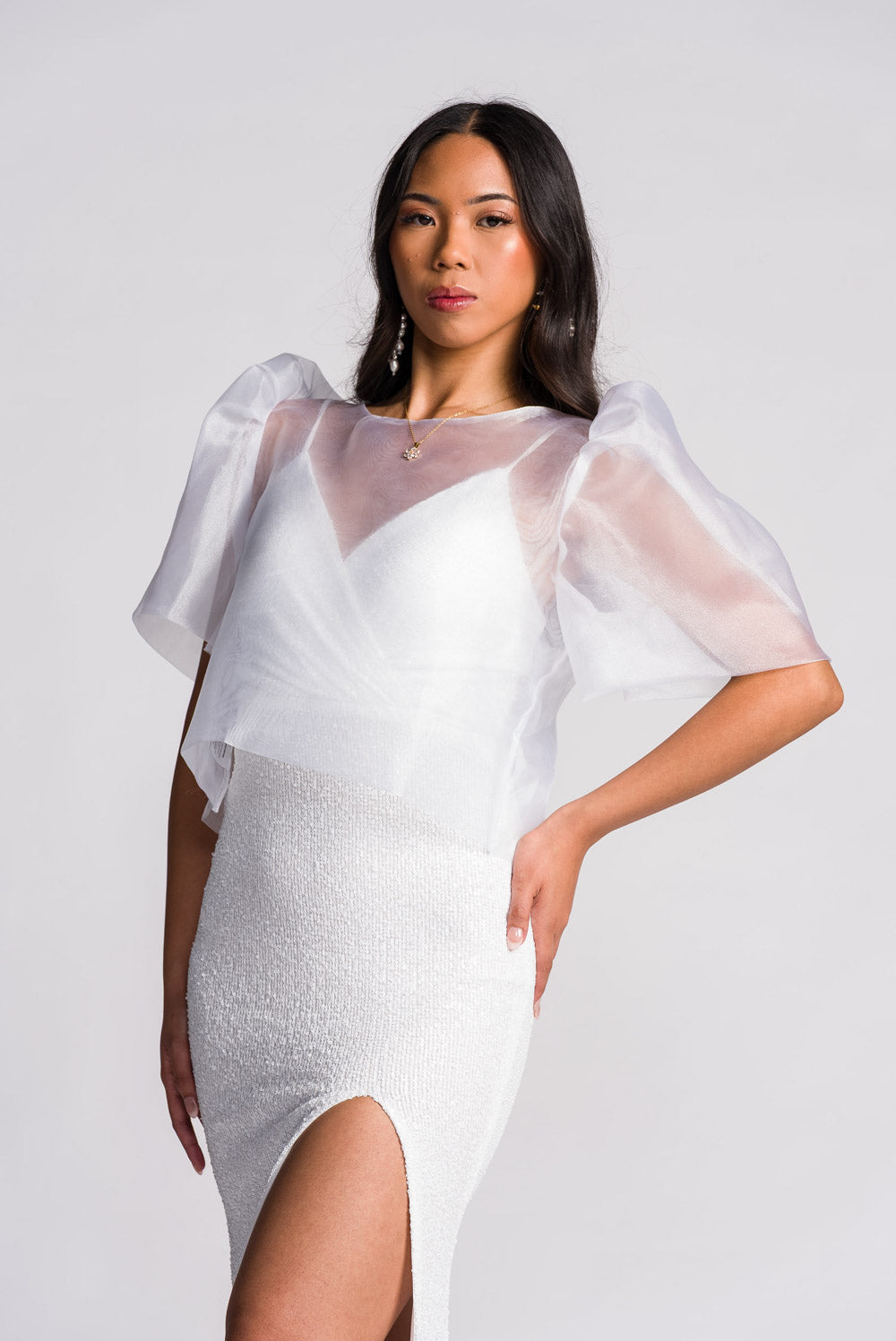 'Dahlia' Ribbon Tie-Up Modern Filipiniana Blouse (Snow White)