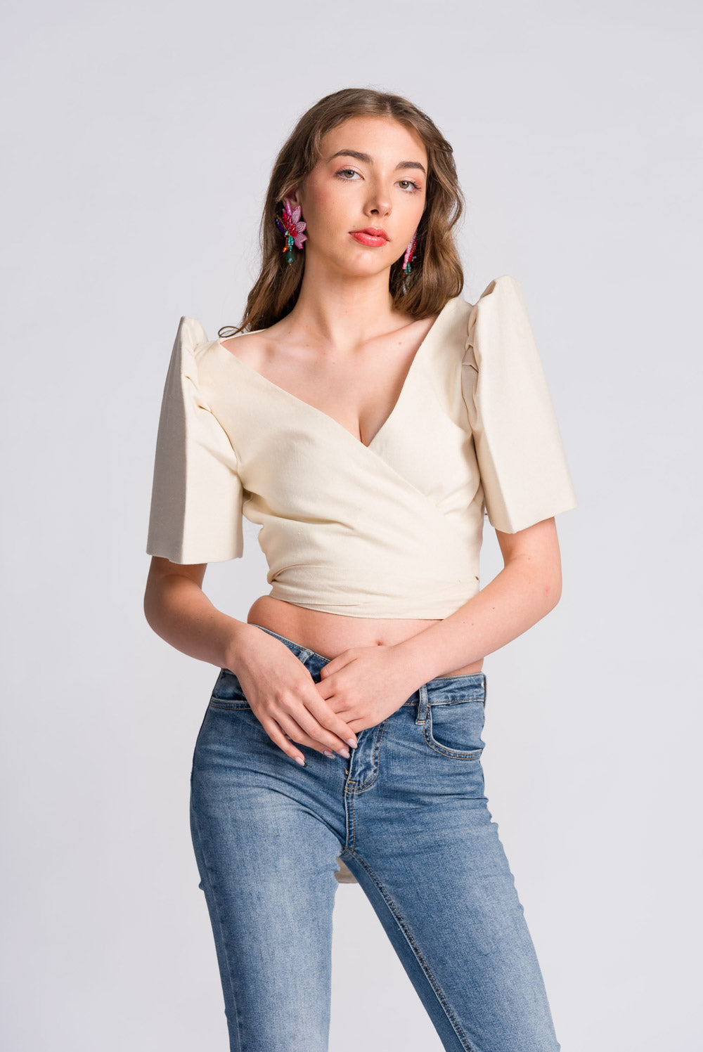'Cora' Modern Filipiniana Wrap Top (Oat)