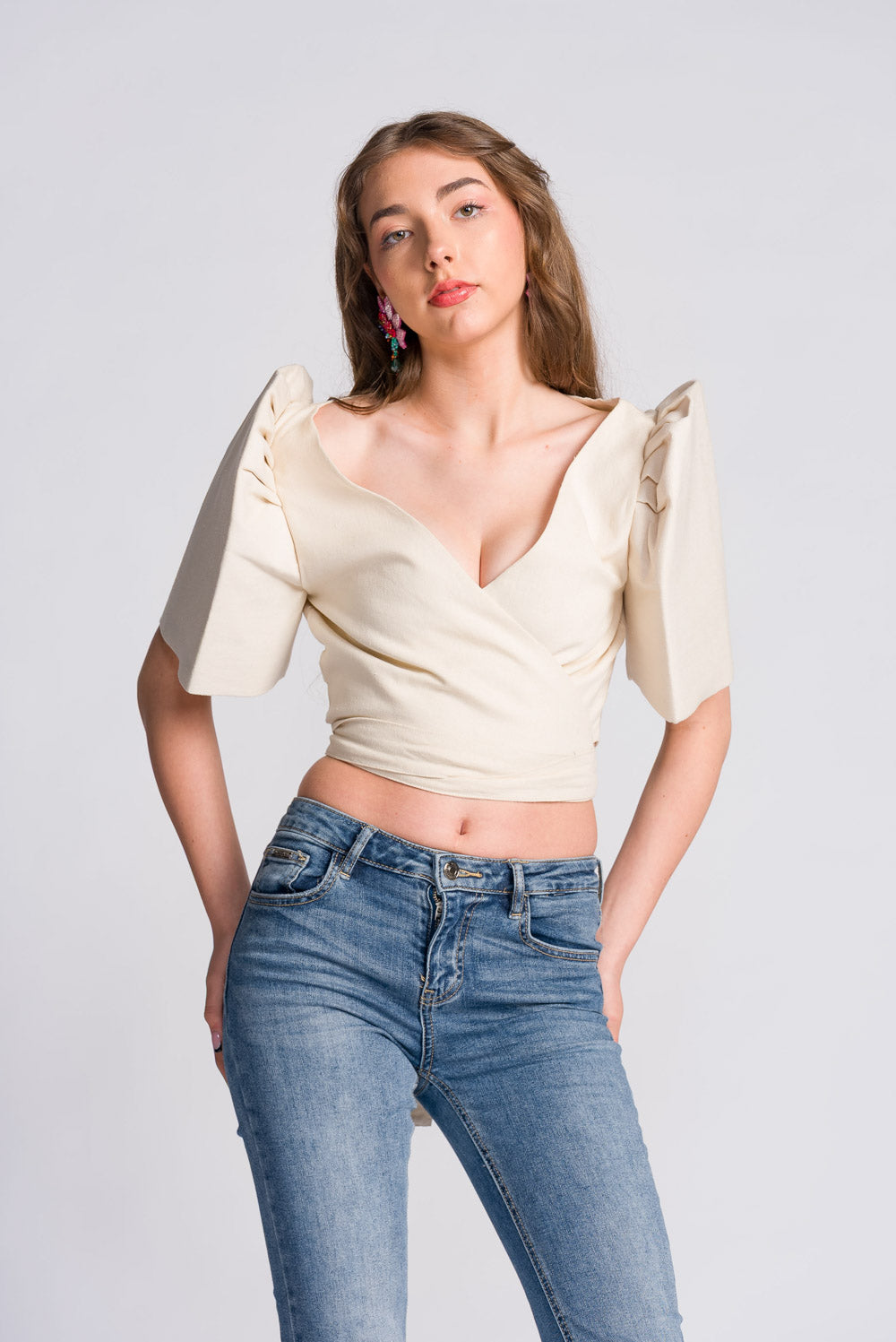 'Cora' Modern Filipiniana Wrap Top (Oat)