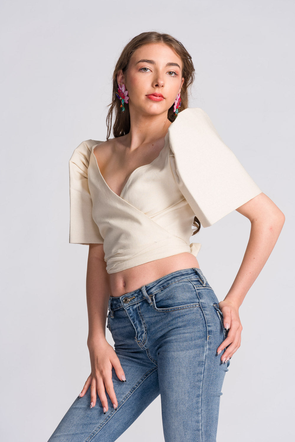 'Cora' Modern Filipiniana Wrap Top (Oat)