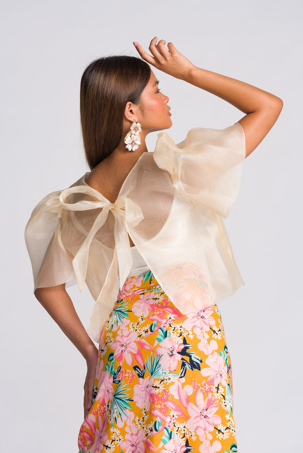 'Dahlia' Ribbon Tie-Up Modern Filipiniana Blouse (Cream)