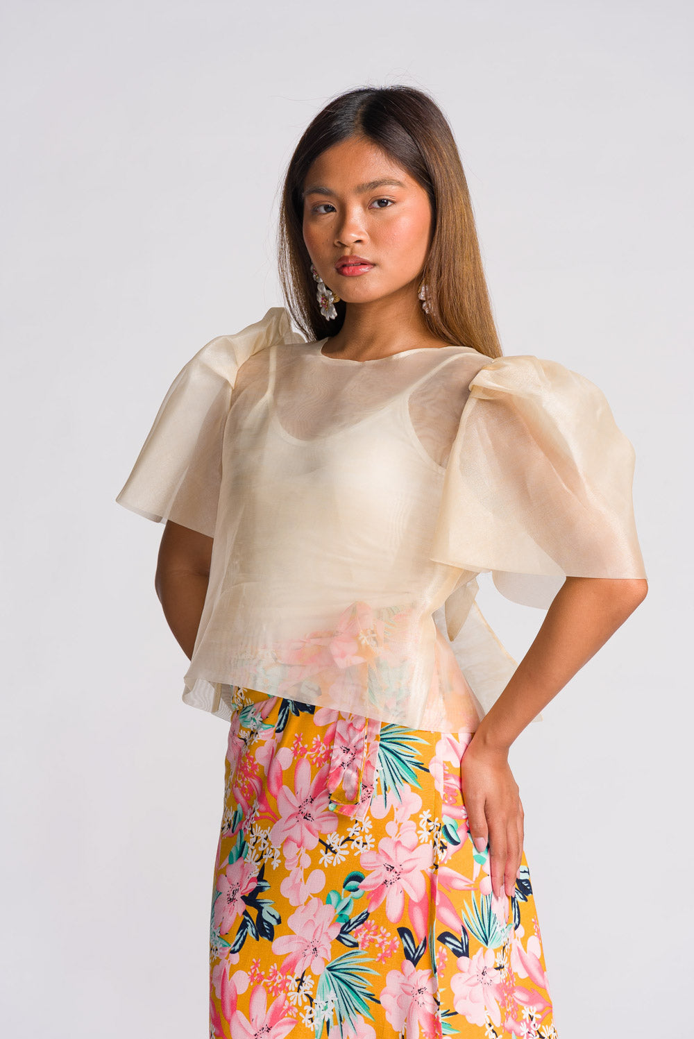 'Dahlia' Ribbon Tie-Up Modern Filipiniana Blouse (Cream)