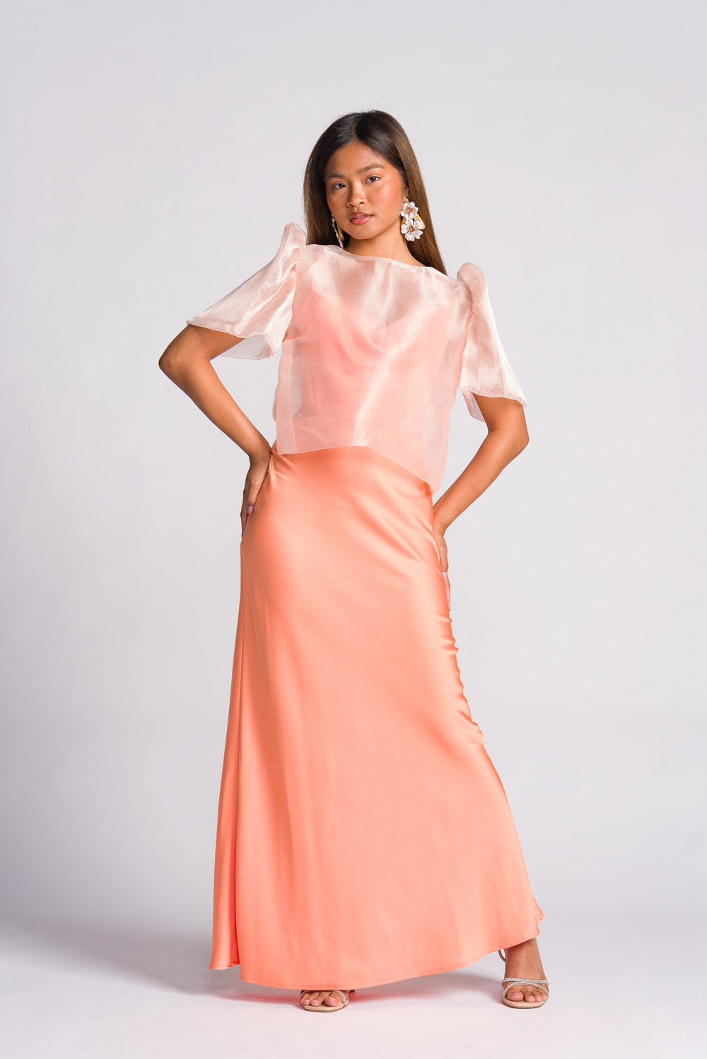 'Dahlia' Ribbon Tie-Up Modern Filipiniana Blouse (Peach)