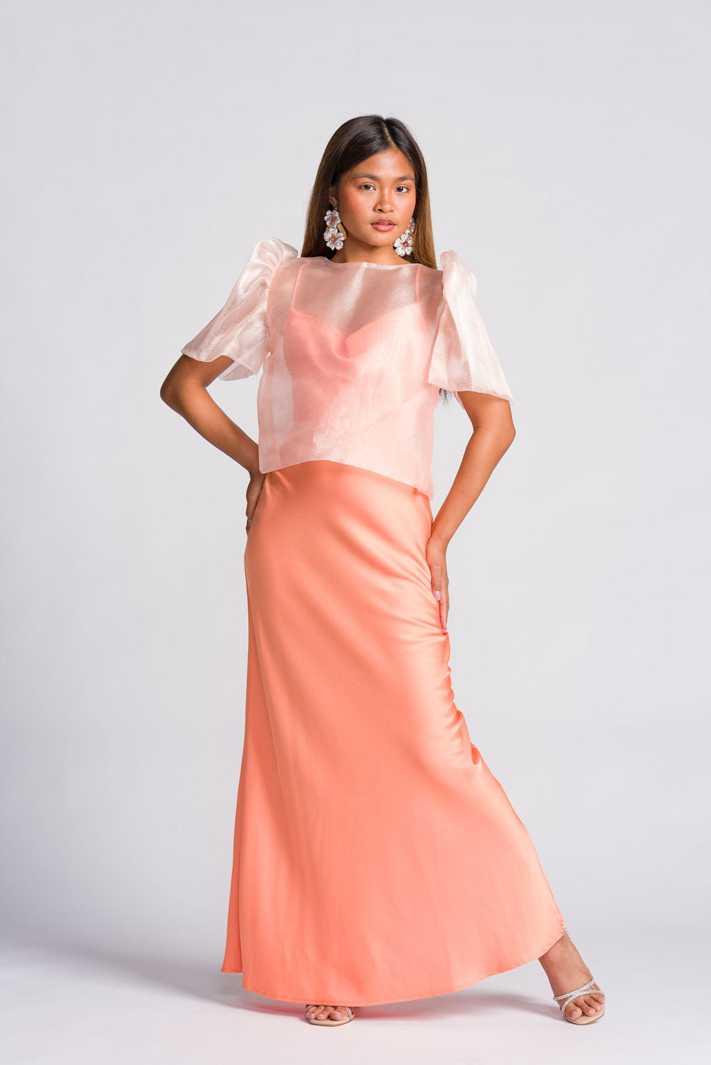 'Dahlia' Ribbon Tie-Up Modern Filipiniana Blouse (Peach)