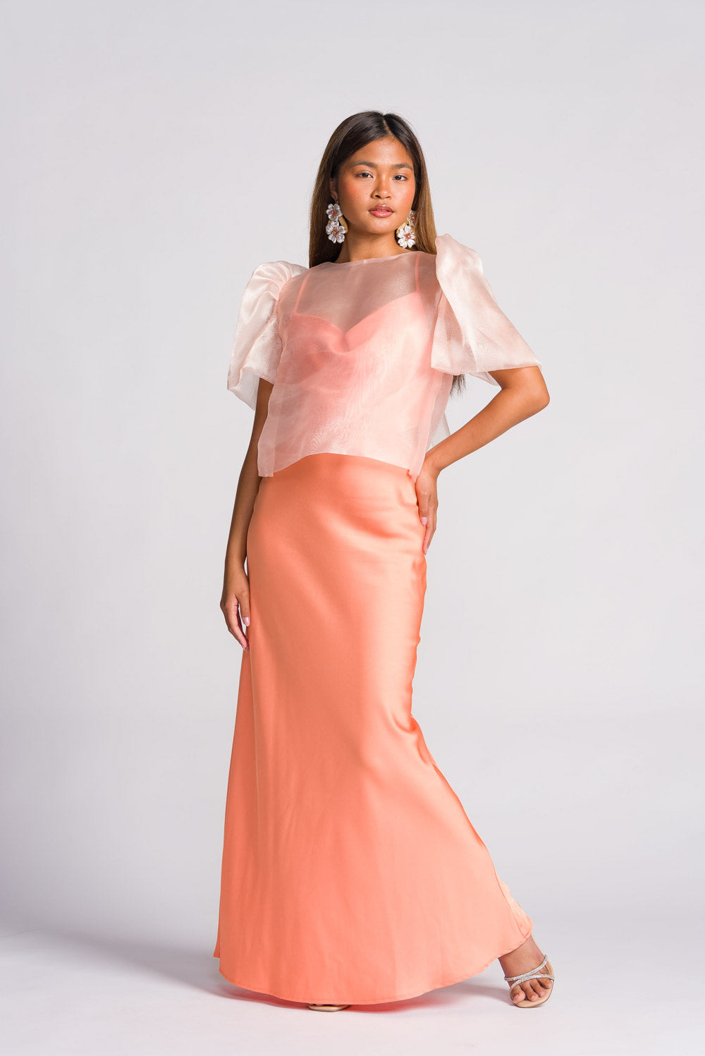 'Dahlia' Ribbon Tie-Up Modern Filipiniana Blouse (Peach)