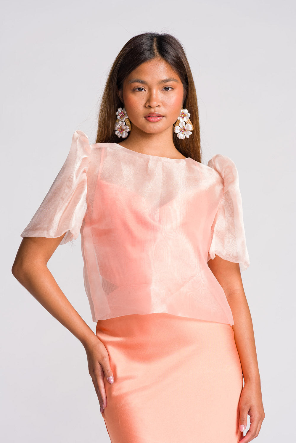 'Dahlia' Ribbon Tie-Up Modern Filipiniana Blouse (Peach)