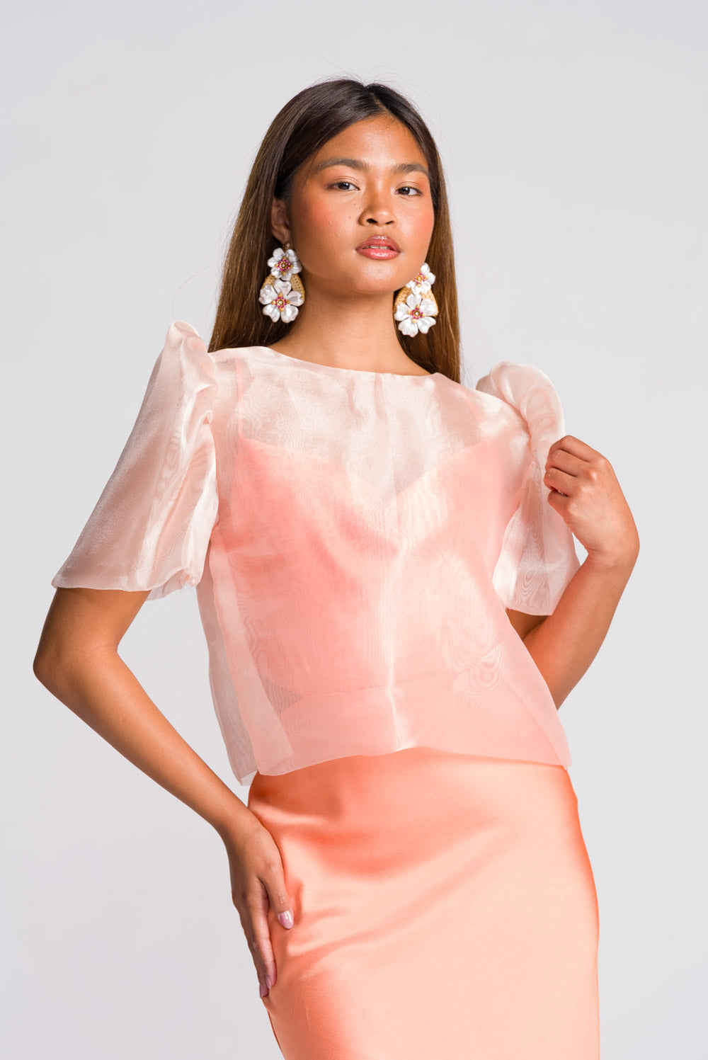 'Dahlia' Ribbon Tie-Up Modern Filipiniana Blouse (Peach)