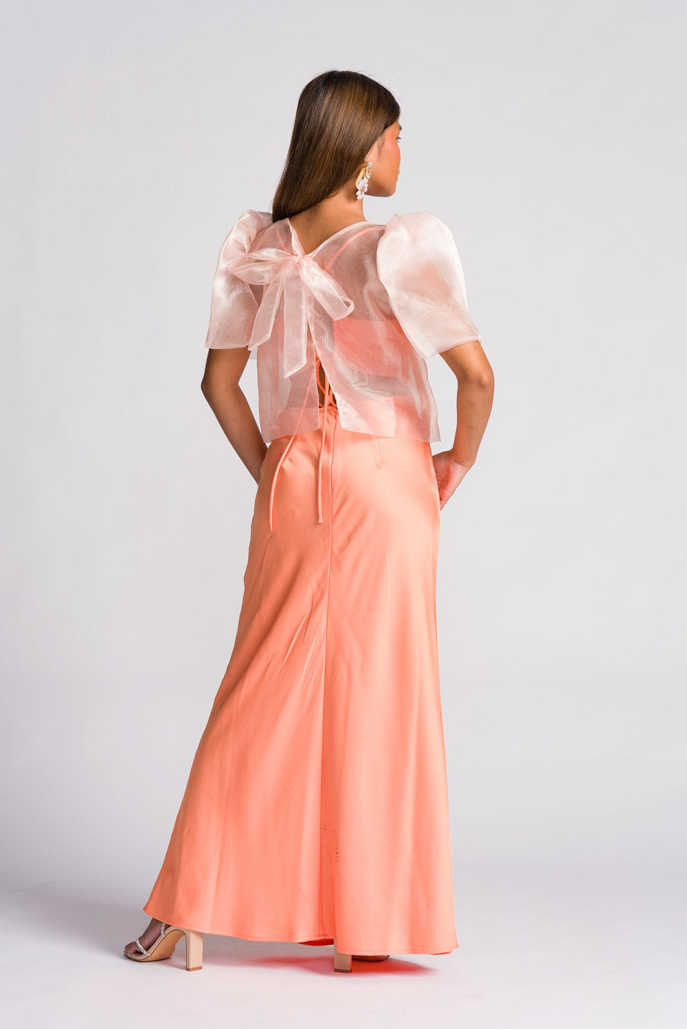 'Dahlia' Ribbon Tie-Up Modern Filipiniana Blouse (Peach)