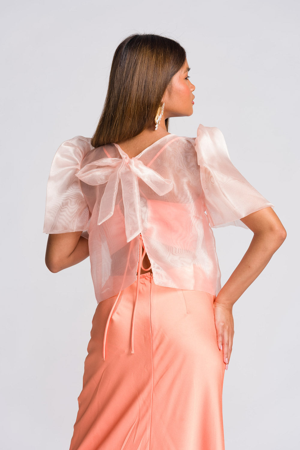 'Dahlia' Ribbon Tie-Up Modern Filipiniana Blouse (Peach)