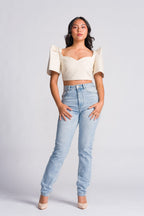 Filipiniana Top 'Sia' in Oat, close-up – Mestiza Filipina