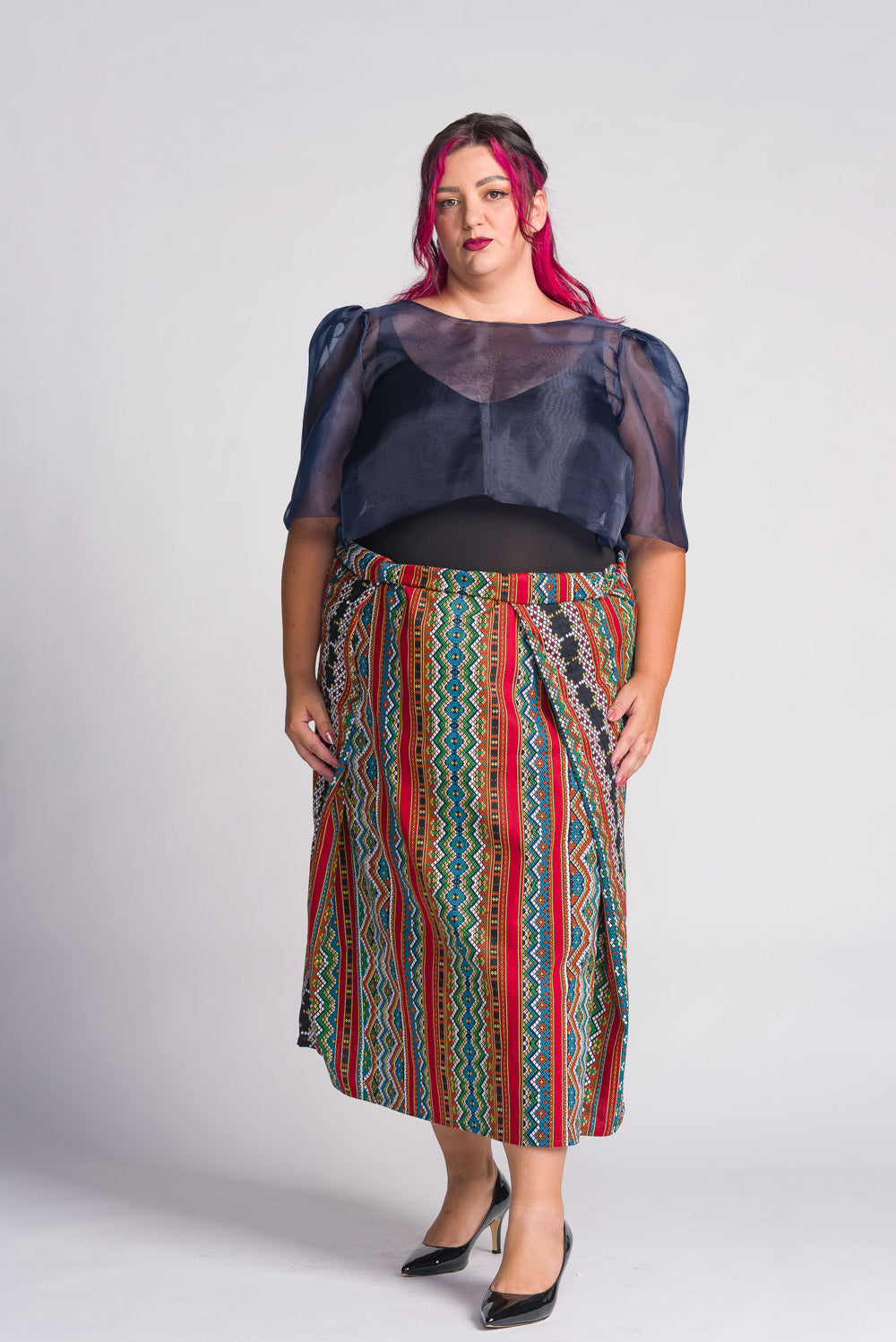 'Dahlia' Ribbon Tie-Up Modern Filipiniana Blouse (Navy Blue)