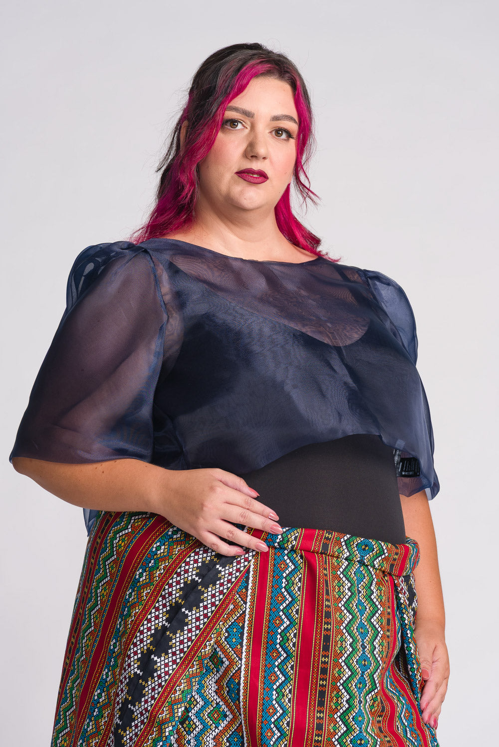 'Dahlia' Ribbon Tie-Up Modern Filipiniana Blouse (Navy Blue)