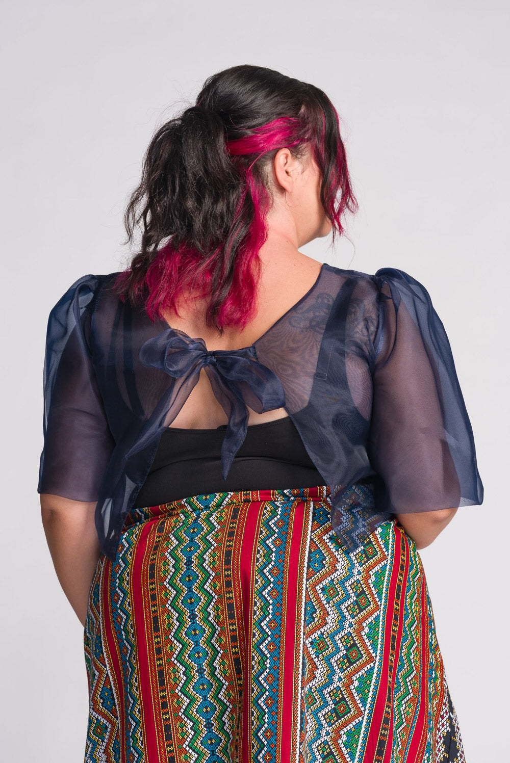 'Dahlia' Ribbon Tie-Up Modern Filipiniana Blouse (Navy Blue)