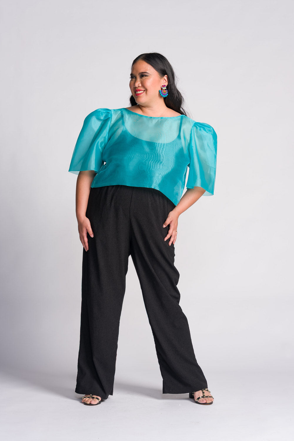'Dahlia' Ribbon Tie-Up Modern Filipiniana Blouse (Aqua Blue)