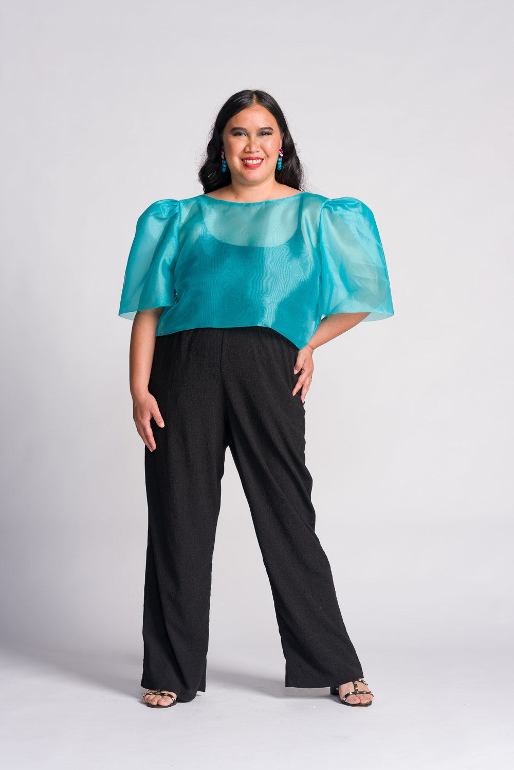 'Dahlia' Ribbon Tie-Up Modern Filipiniana Blouse (Aqua Blue)