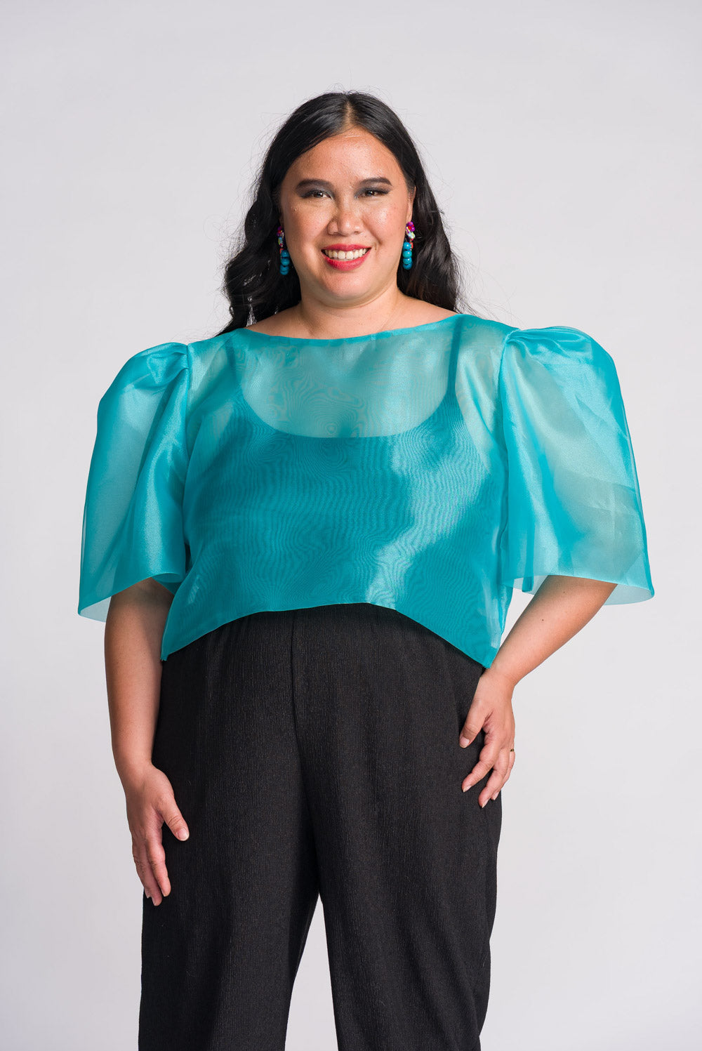 'Dahlia' Ribbon Tie-Up Modern Filipiniana Blouse (Aqua Blue)