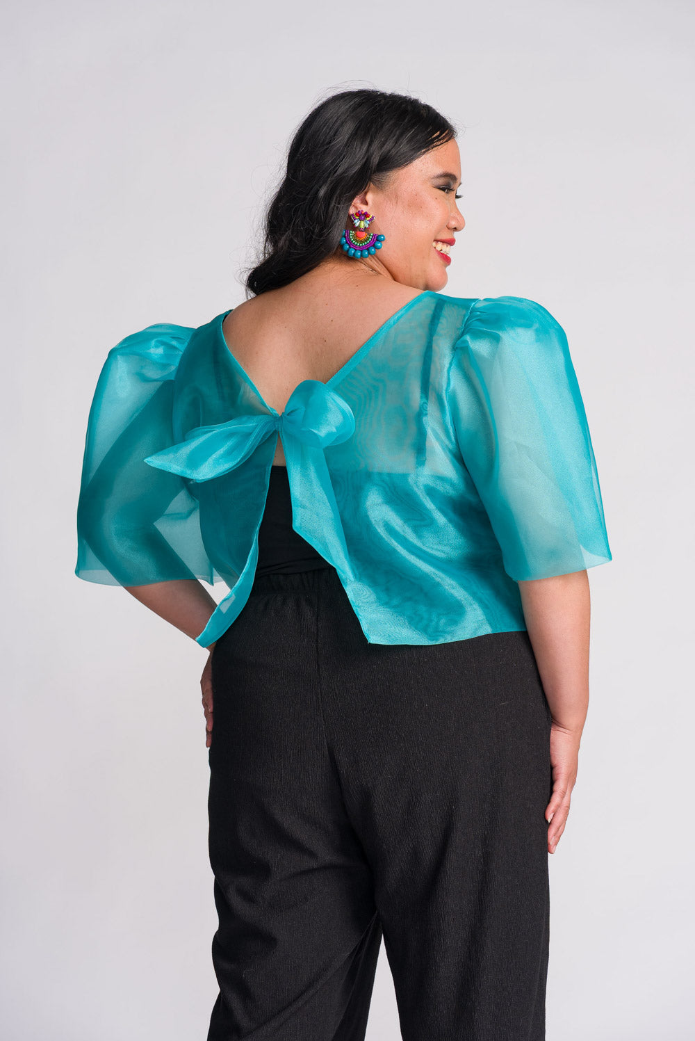 'Dahlia' Ribbon Tie-Up Modern Filipiniana Blouse (Aqua Blue)