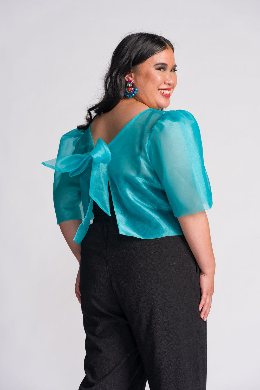 'Dahlia' Ribbon Tie-Up Modern Filipiniana Blouse (Aqua Blue)
