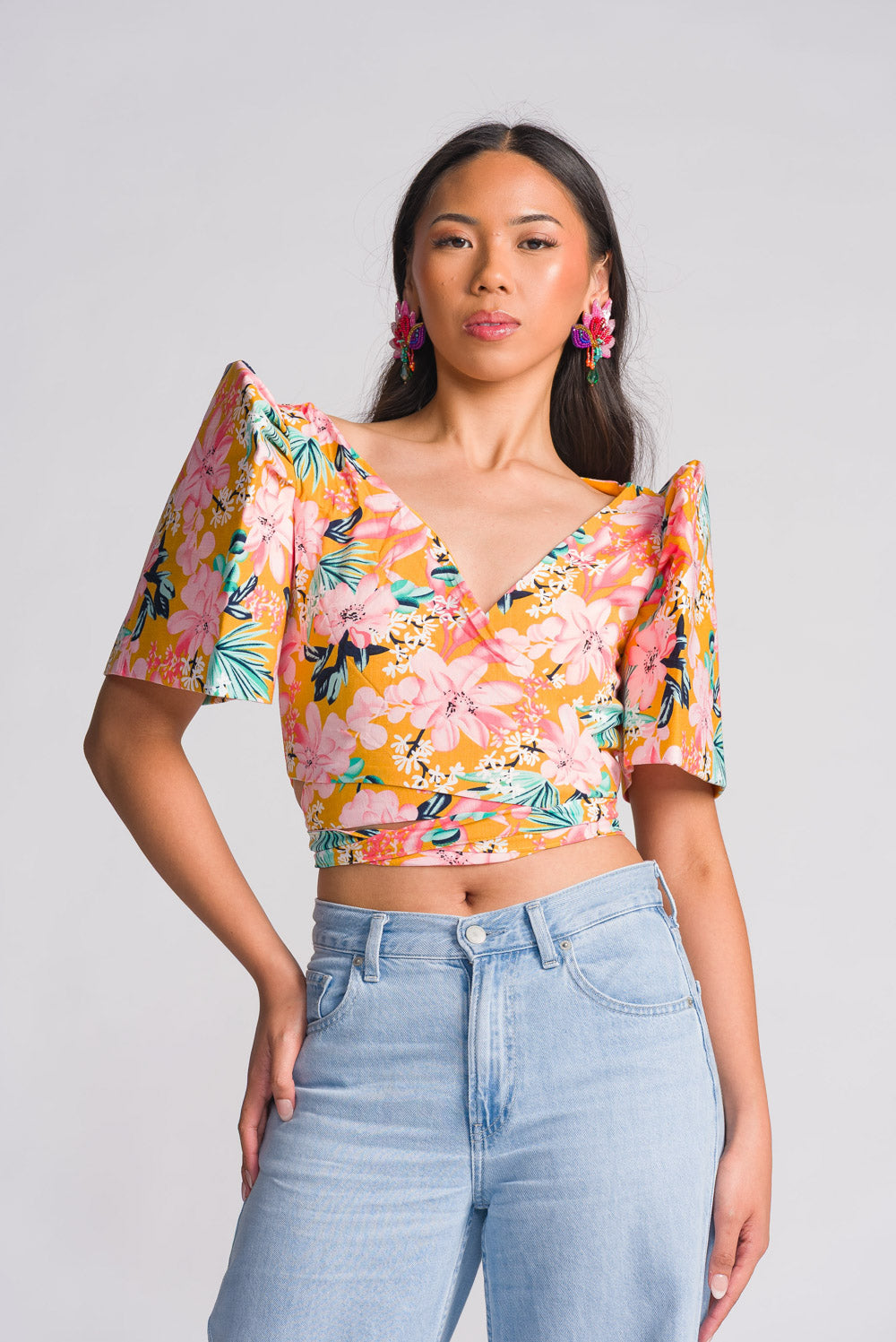 'Cora' Modern Filipiniana Wrap Top (Floral)