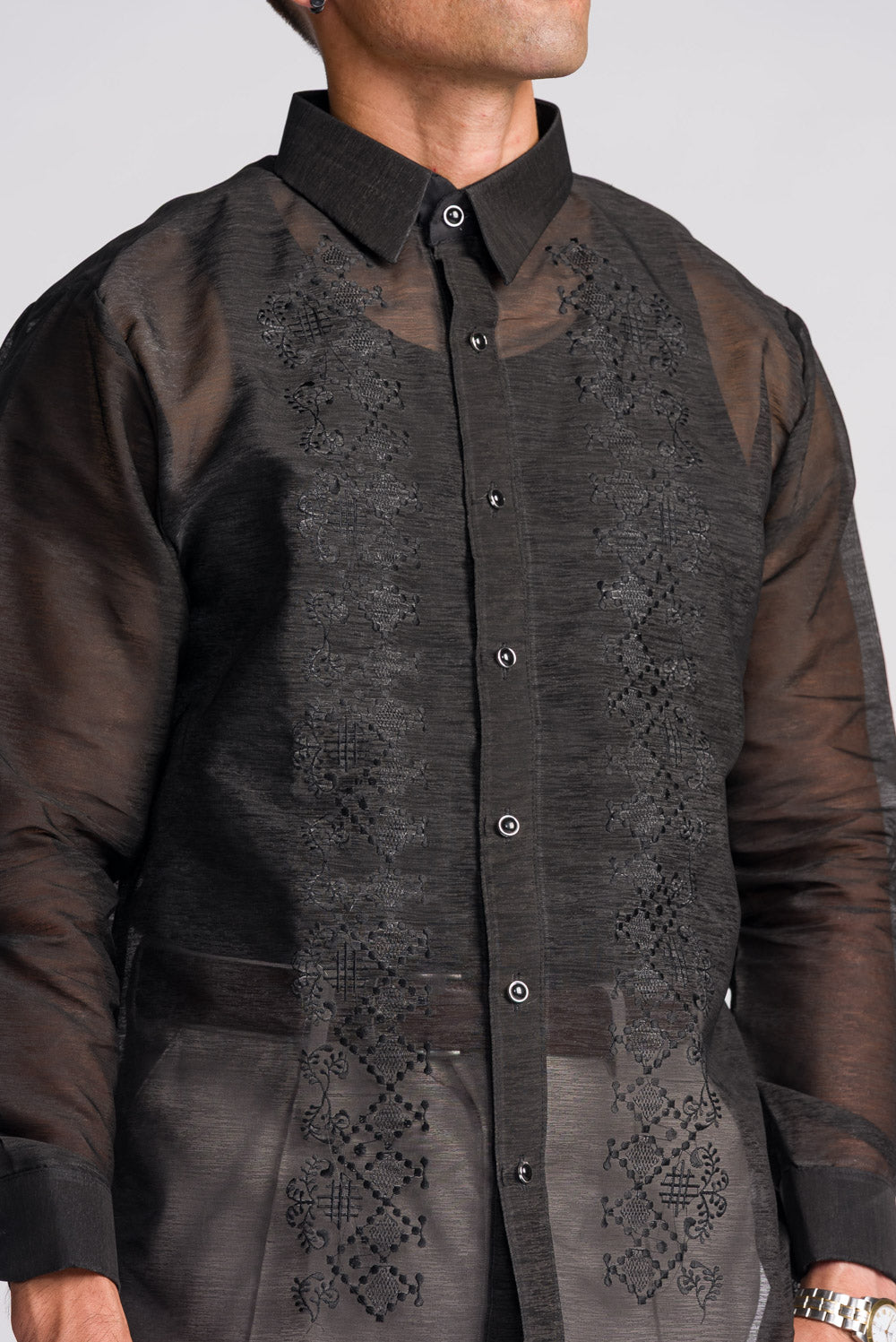 'Emilio' Barong Tagalog – Black, Premium Jusilyn (Semi-Sheer)